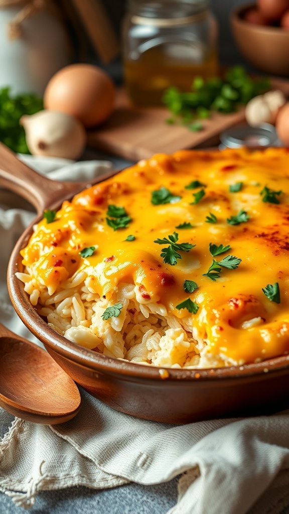 A golden brown chicken and rice casserole topped with melted cheese, garnished with parsley, in a rustic baking dish.